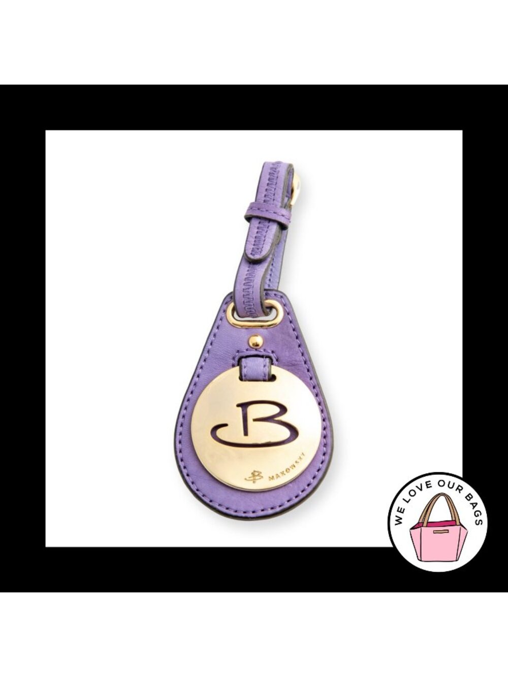 B. MAKOWSKY Bag Charm Gold Purple Leather Buckle Strap Hang Tag Keychain Fob